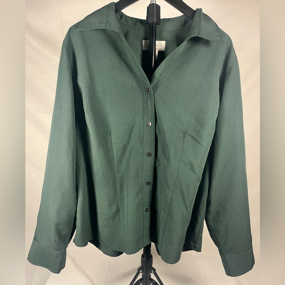 CJ Banks Button Front Blouse Green Plus Size 1X Long Sleeve Career Casual